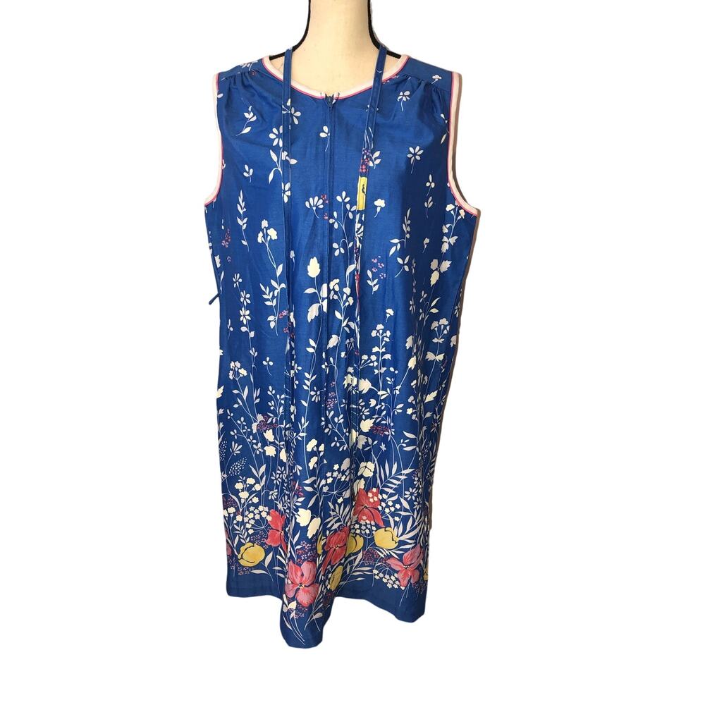 Vintage House Dress Komar Size XL Blue Floral Sleeveless Zip Front 60s 70s - Picture 3 of 10